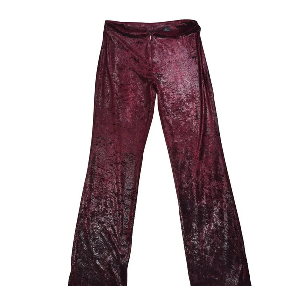 VINTAGE EXPRESS || Glam Velour Mixed Texture Snakeprint Ox Blood Flowy Pants 3 4 - Picture 2 of 10